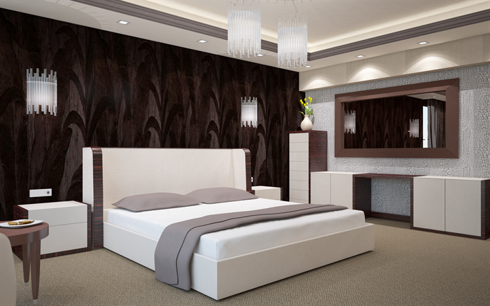 quarto elegante, design moderno quarto, cama, interior moderno, cinza quarto