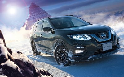 Nissan X-Trail, 2017, 4k, SUV, black X-Trail, winter, mountains, snow, Japanese cars, Nissan