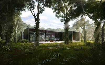 house in the forest, exterior, modern design of houses, glass walls, glass house