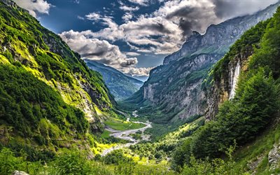 mountain valley, mountains, Alps, green slopes of mountains, waterfall, rocks