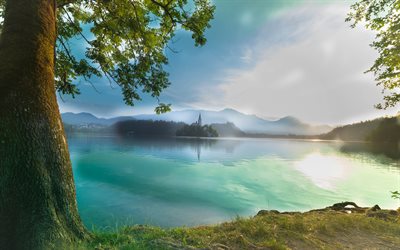 Bled, aamulla, lake, Alpeilla, vuoret, kes&#228;ll&#228;, Slovenia