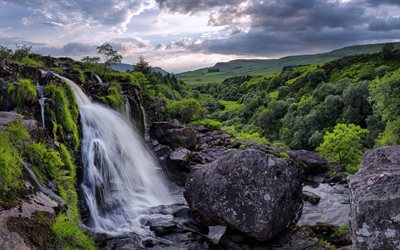 waterfall, river, green hills, forest, Stirlingshire, Scotland, Great Britain, United Kingdom