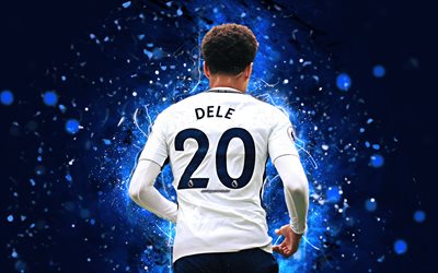 Dele Alli, 4k, back view, english footballer, Tottenham Hotspur, soccer, Dele, Premier League, neon lights, Tottenham FC