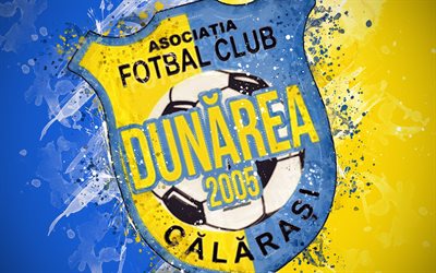 AFC Dunarea Calarasi, 4k, paint art, logo, creative, Romanian football team, Liga 1, emblem, blue yellow background, grunge style, Calarasi, Romania, football