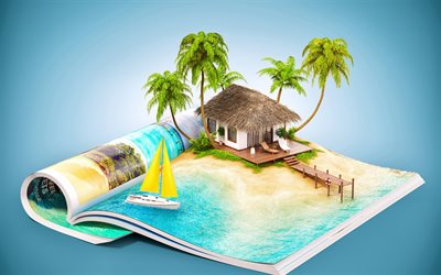 tropische insel -, 3d -, kunst -, zeitschriften -, tourismus-konzepte, reisen, palmen, yacht, sommer, strand, meer