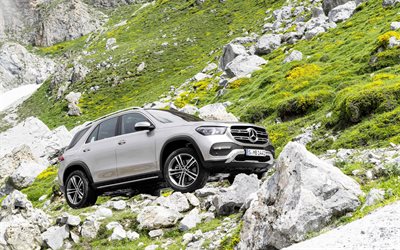 Mercedes-Benz GLE, 2019, 4k, silver SUV, exterior, mountains, new silver GLE, German cars, Mercedes