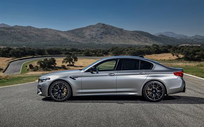 BMW M5, 2018, F90, sedan, side view, tuning M5, new silver M5, racing track, M5 Competition, BMW