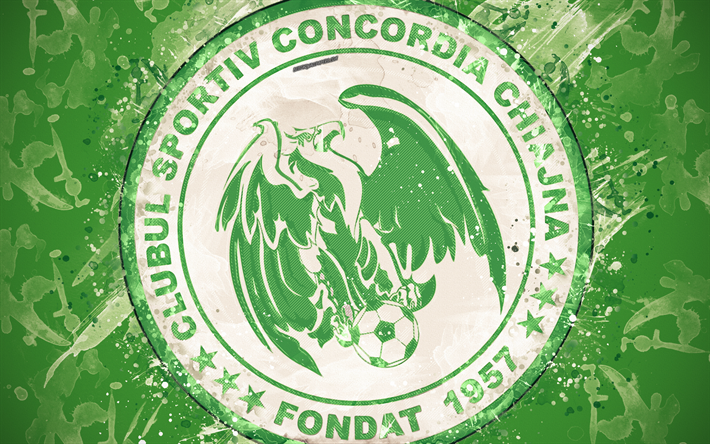 CS Concordia Chiajna, 4k, paint art, logo, creative, Romanian football team, Liga 1, emblem, green background, grunge style, Chiajna, Romania, football
