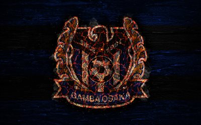 Gamba Osaka FC, 4k, fire logo, J-League, Japanese football club, grunge, football, soccer, wooden texture, Osaka, Japan, J1 League