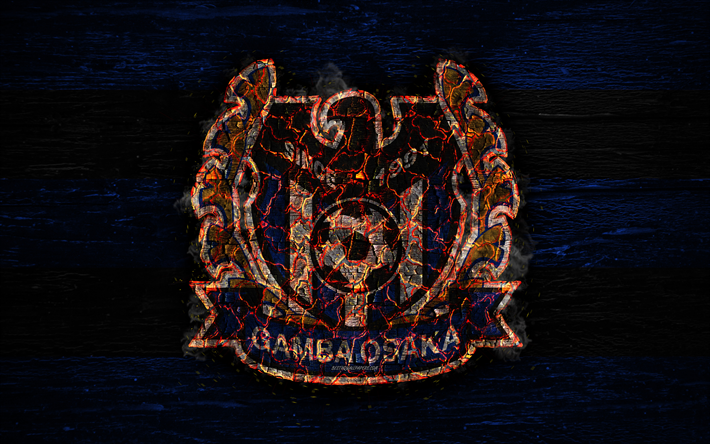 Gamba Osaka FC, 4k, yangın logo, J-League, Japon Futbol Kul&#252;b&#252;, grunge, futbol, ahşap doku, Osaka, Japonya J1 Lig