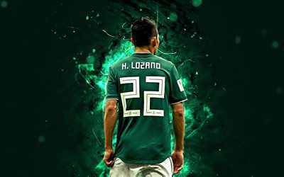 4k, Hirving Lozano, back view, Mexico National Team, match, Lozano, soccer, footballers, neon lights, Mexican football team
