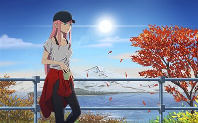 Darling In The Frankxx, Zero Two, art, Japanese mountain landscape, main character, Japanese manga