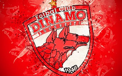 FC Dinamo Bucuresti, 4k, paint art, logo, creative, Romanian football team, Liga 1, emblem, red background, grunge style, Bucharest, Romania, football