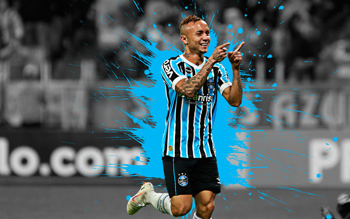 Everton, 4k, Gremio FC, art, Brazilian football player, splashes of paint, grunge art, creative art, Serie A, Brazil, football, Everton Scousa Soares