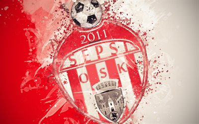 Sepsi OSK, 4k, paint art, logo, creative, Romanian football team, Liga 1, emblem, red background, grunge style, Sfintu Gheorghe, Romania, football, FC Sepsi