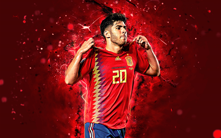 4k, Marco Asensio, tavoite, Espanjan Maajoukkueen, fan art, Asensio, jalkapallo, jalkapalloilijat, neon valot, Espanjan jalkapallo joukkue