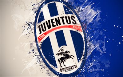 FC Juventus Bucuresti, 4k, paint art, logo, creative, Romanian football team, Liga 1, emblem, blue white background, grunge style, Bucharest, Romania, football