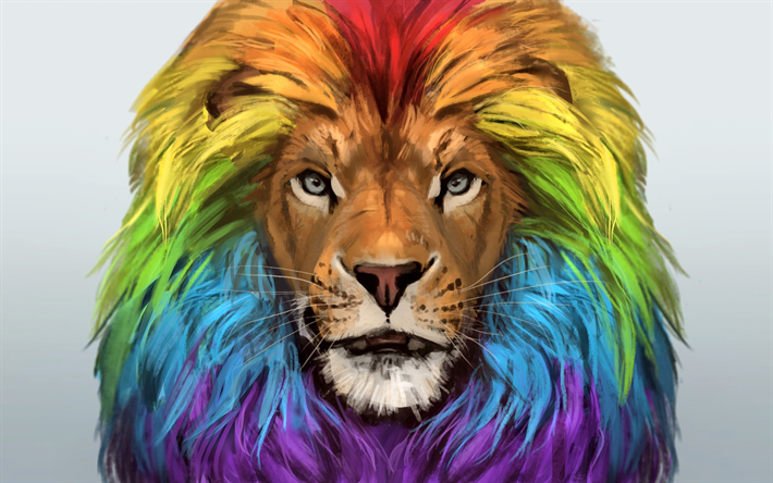 lion, art, muzzle, rainbow, colorful portrait, colorful lion