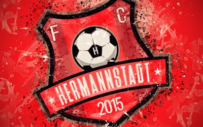 FC Hermannstadt, 4k, paint art, logo, creative, Romanian football team, Liga 1, emblem, red background, grunge style, Sibiu, Romania, football
