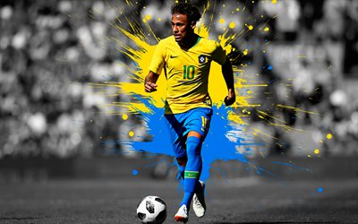 Neymar Jr, art, 4k, Brazil national football team, blue and yellow splashes of paint, grunge art, Brazilian footballer, creative art, Brazil, Neymar da Silva Santos, football