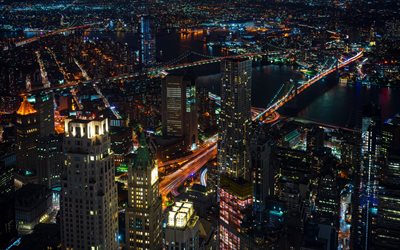 4k, A Cidade De Nova York, noturnas, panorama, edif&#237;cios modernos, Manhattan, NYC, paisagens de cidade, Nova York, EUA, Am&#233;rica