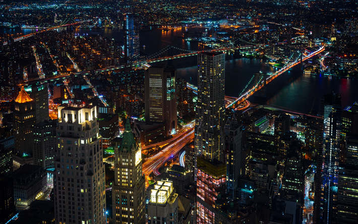 4k, New York City, nightscapes, panorama, modern buildings, Manhattan, NYC, cityscapes, New York, USA, America