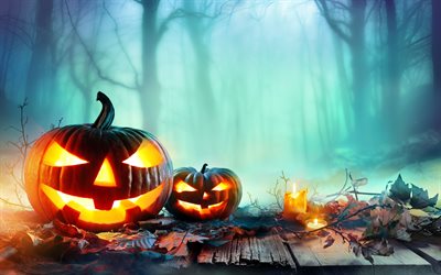 Halloween, pumpkin, fairy forest, night, modern holiday, October 31, burning candles