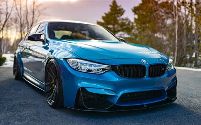 BMW M3, 2018, front view, luxury tuning, new blue M3, F80, tuning M3, German sports cars, BMW