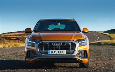 Audi Q8 Quattro, 2018, S-Line, 50 TDI, sports gold crossover, exterior, front view, new golden Q8, German cars, Audi