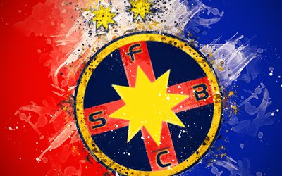 FC Steaua Bucuresti, 4k, paint art, new logo, creative, Romanian football team, Liga 1, new emblem, blue red background, grunge style, Bucharest, Romania, football, FCSB