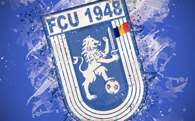 FC Universitatea Craiova, FCU 1948 Craiova, 4k, paint art, logo, creative, Romanian football team, Liga 1, emblem, blue background, grunge style, Craiova, Romania, football