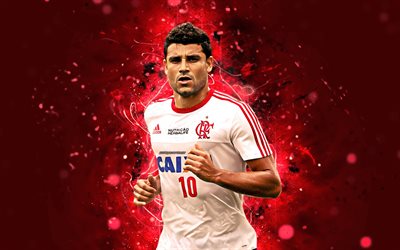4k, Ederson, white uniform, brazilian footballer, Flamengo FC, soccer, Ederson Honorato Campos, Brazilian Serie A, football, neon lights