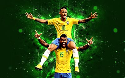 Paulinho, Neymar, 4k, goal, abstract art, Brazil National Team, Neymar JR, soccer, neon lights, football stars, Brazilian football team