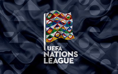 UEFA Nations League, 4k, logo, emblem, silk texture, gray flag, Europe, UEFA, football tournament, national teams