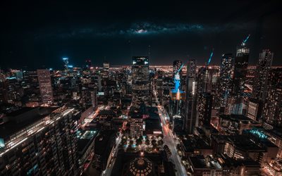Melbourne, 4k, noche, rascacielos, urbano, silueta, Victoria, Australia