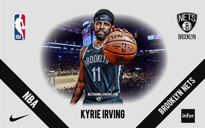 Kyrie Irving, Brooklyn Nets, Jogador de Basquete Americano, NBA, retrato, EUA, basquete, Barclays Center, logotipo do Brooklyn Nets