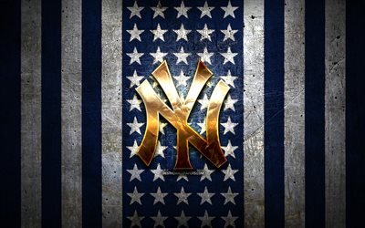 New York Yankees flag, MLB, blue white metal background, american baseball team, New York Yankees logo, USA, baseball, New York Yankees, golden logo, NY Yankees