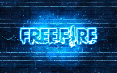Logotipo azul Garena Free Fire, 4k, brickwall azul, logotipo de Free Fire, juegos 2020, Free Fire, logotipo de Garena Free Fire, Garena Free Fire, Free Fire Free Fire, Free Fire Battlegrounds