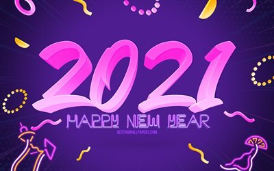 2021 New Year, purple party background, Happy New Year 2021, 2021 party background, 2021 concepts, 2021 purple background