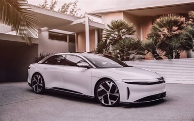 Lucid Air, 2021, 4k, front view, exterior, luxurious all-electric car, new white Lucid Air, electric cars, Lucid