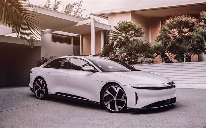 Lucid Air, 2021年, 4k, 正面, 外側, 豪華な全電気自動車, 新しい白いLucid Air, 電気自動車, 明晰