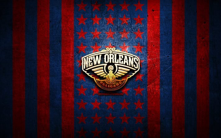 New Orleans Pelicans bayrağı, NBA, mavi kırmızı metal arka plan, amerikan basketbol kul&#252;b&#252;, New Orleans Pelicans logosu, ABD, basketbol, altın logo, New Orleans Pelicans