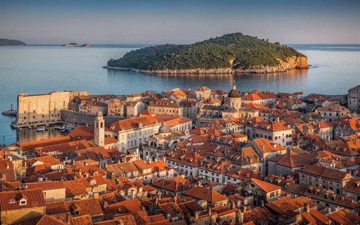 Dubrovnik, mar Adri&#225;tico, costa, resorts croatas, paisagem urbana de Dubrovnik, noite, p&#244;r do sol, panorama de Dubrovnik, Cro&#225;cia, ilha de Dubrovnik