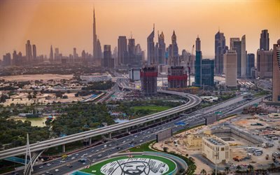 Dubai, sera, grattacieli, Burj Khalifa, panorama di Dubai, tramonto, paesaggio urbano di Dubai, Emirati Arabi Uniti