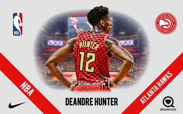 DeAndre Hunter, Atlanta Hawks, jugador de baloncesto estadounidense, NBA, retrato, Estados Unidos, baloncesto, State Farm Arena, logotipo de los Atlanta Hawks
