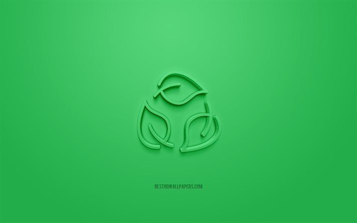 Green leaves 3d icon, green background, 3d symbols, Green leaves, creative 3d art, 3d icons, Ecology sign, Ecology 3d icons
