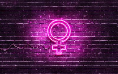 Icona femminile al neon, 4K, sfondo viola, simboli al neon, femmina, creativo, icone al neon, segno femminile, segni di persone, icona femminile, icone di persone