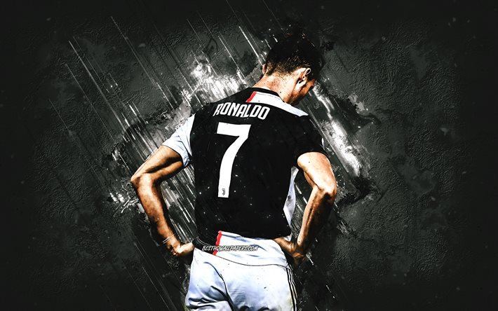 Cristiano Ronaldo, CR7, footballeur portugais, Juventus FC, fond gris pierre, CR7 Juventus, football