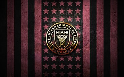 Inter Miami flag, MLS, pink black metal background, american soccer club, Inter Miami logo, USA, soccer, Inter Miami FC, golden logo