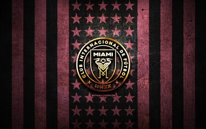 マイアミの旗, MLS 番号:, ピンクの黒い金属の背景, アメリカのサッカークラブ, インターマイアミのロゴ, アメリカ, サッカー, インターマイアミFC, 黄金のロゴ